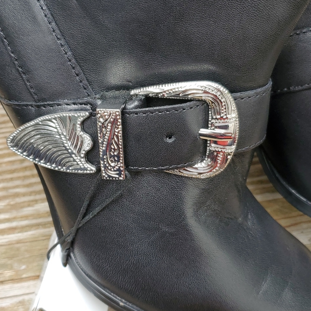Zara leather high heel boots with cowboy strap with metal buckle detail - Picture 6 of 16